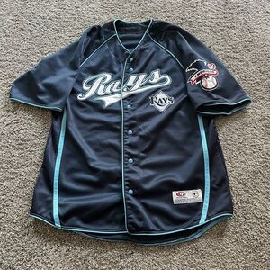 Vintage Tampa Bay Rays Jersey Blue Button Up True Fan Mens Large MLB Baseball